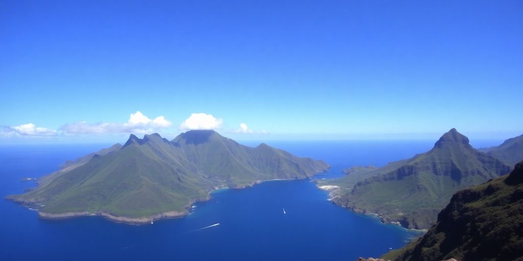 Lush green mountains meet the blue Pacific Ocean on Nuku Hiva.