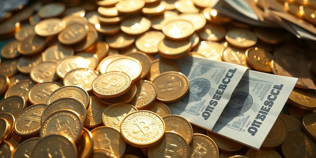 Des pièces d'or et billets de banque en cascade.