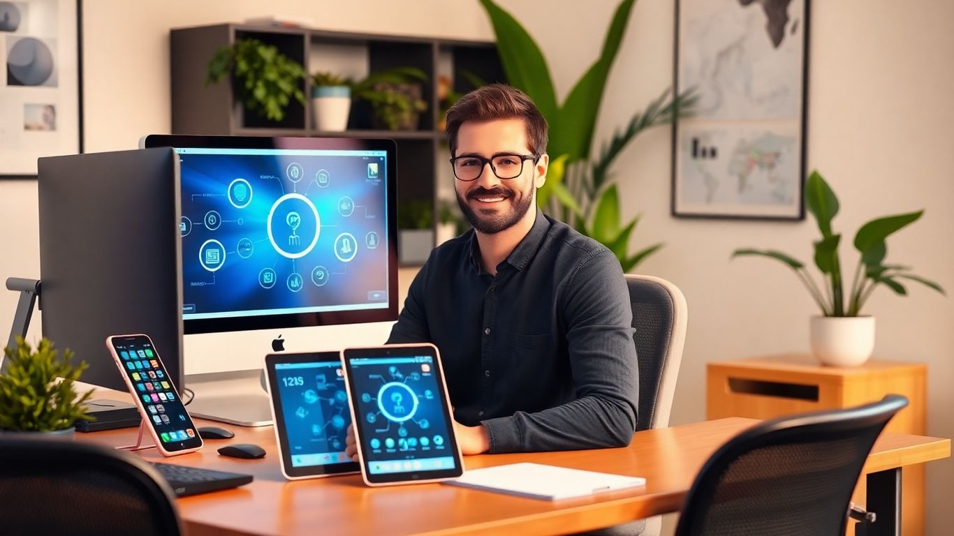 Empresário usa IA em dispositivos modernos no escritório