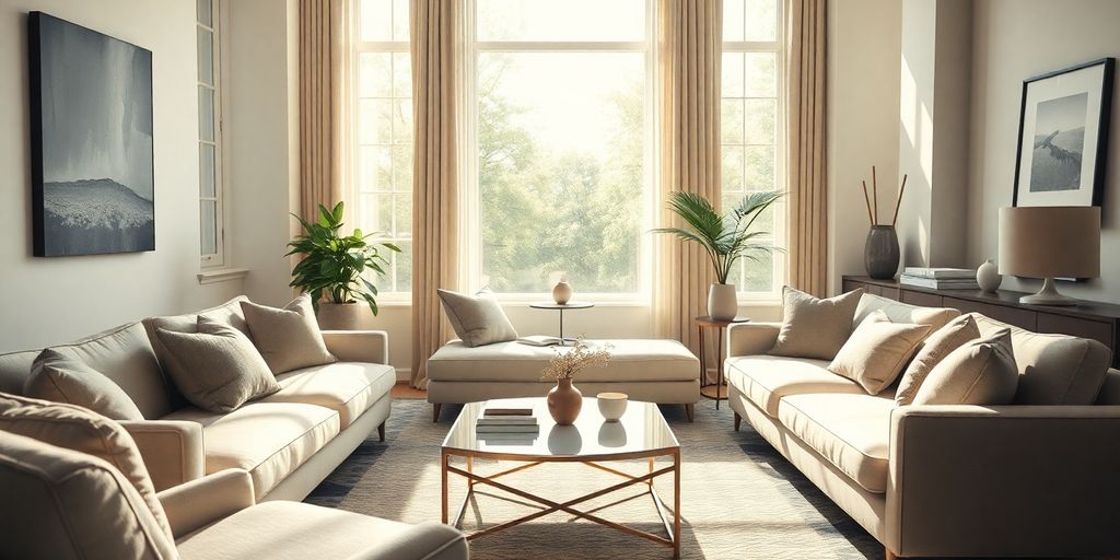 Modern living room with stylish furniture and decor.