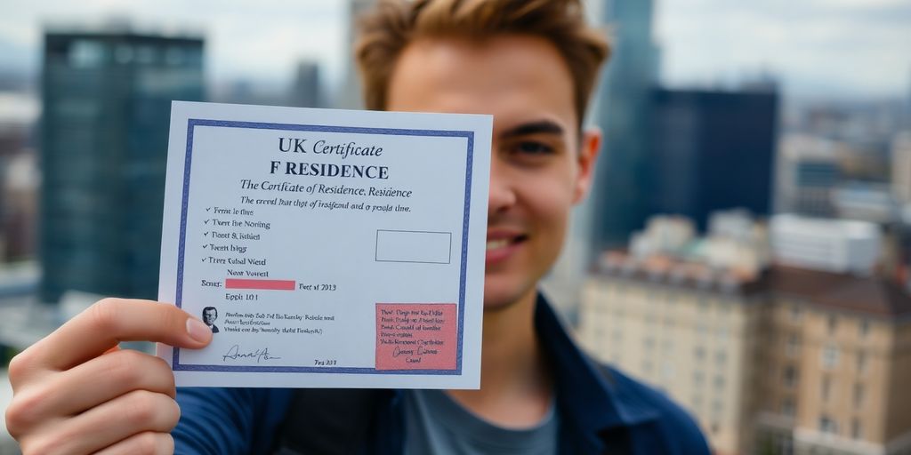 Person holding a UK certificate of residence against a city backdrop.