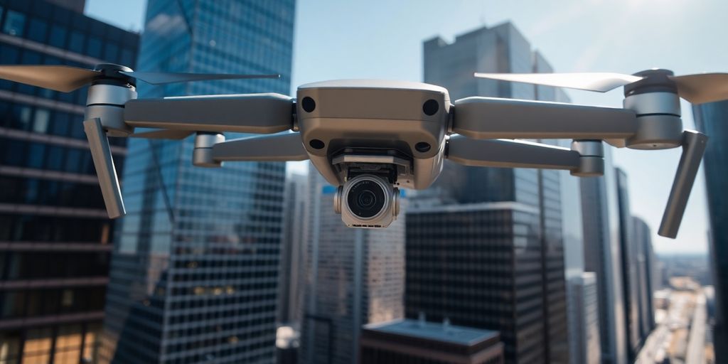 Drone in flight over cityscape, capturing data.