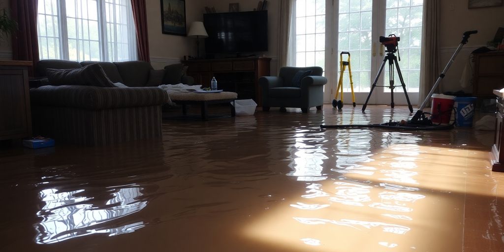 Flooded room with water covering the floor and furniture.