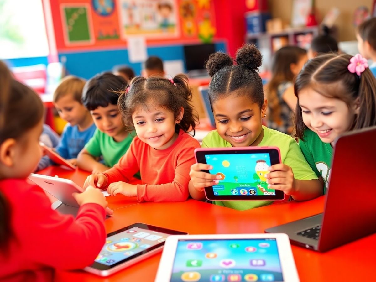 Copii jucându-se jocuri educaționale online pe dispozitive.