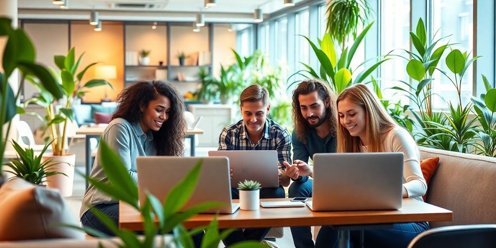 Remote workers collaborating in a modern startup environment.