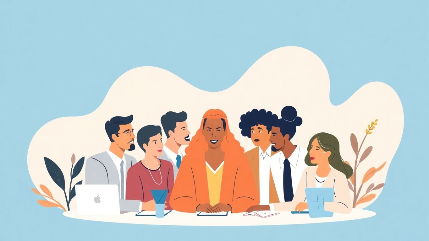 Illustrasjon av samarbeidende profesjonelle i myke farger.