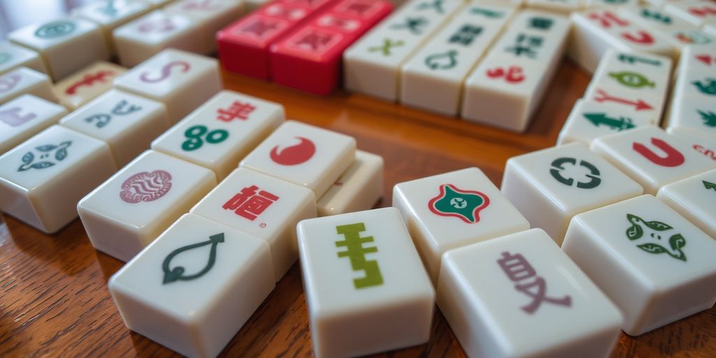 Mahjong set with colorful, intricate tiles