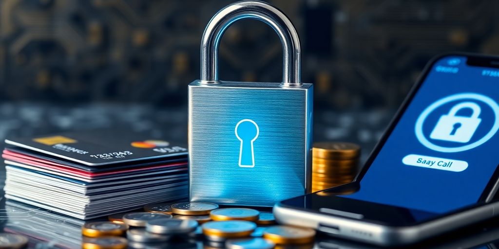Digital padlock securing credit cards and coins.