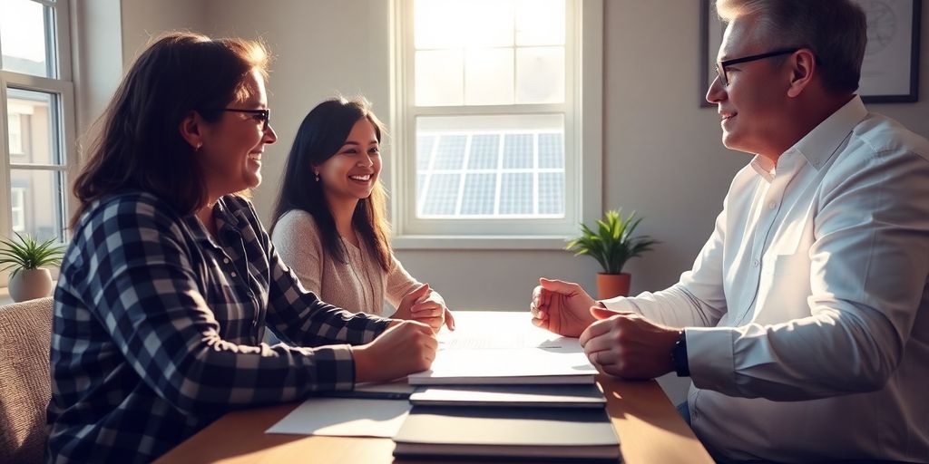 Homeowner consulting about solar panel insurance with agent.