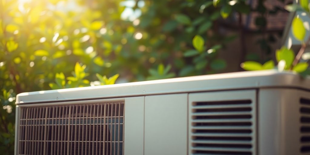 Close-up of an AC unit with green foliage.