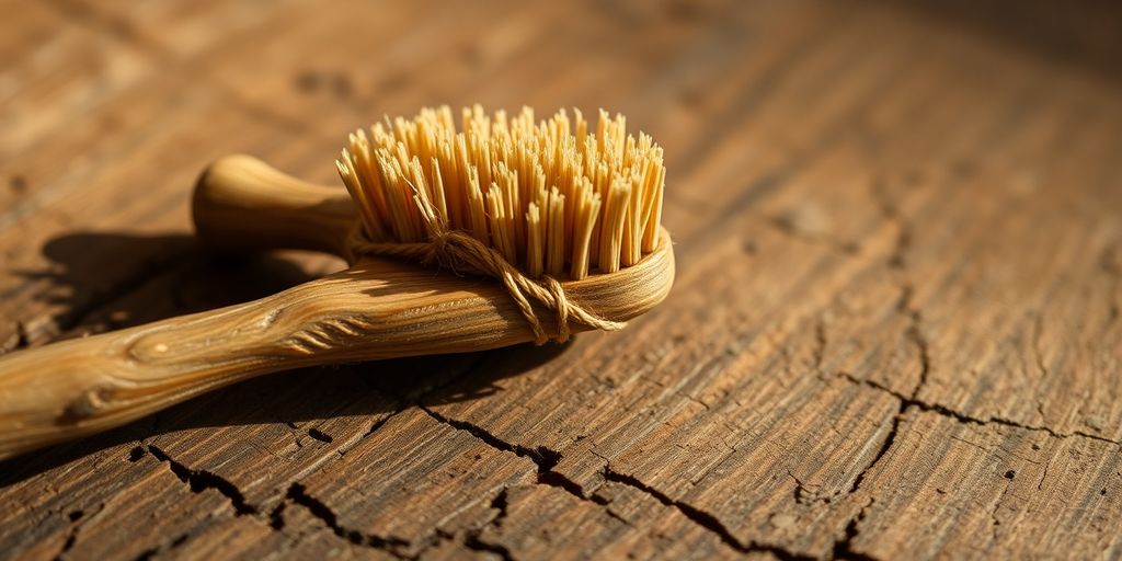 Hand holding primitive toothbrush made of wooden twig and bristles