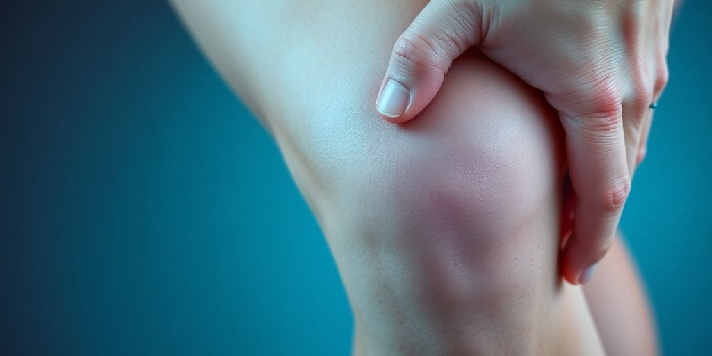 Close-up of a knee with a hand pressing on it.