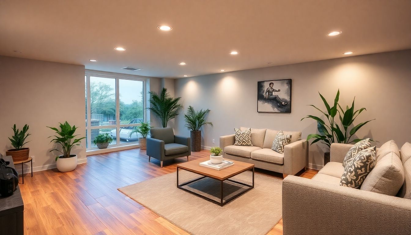 Modern refurbished basement with furniture and plants.