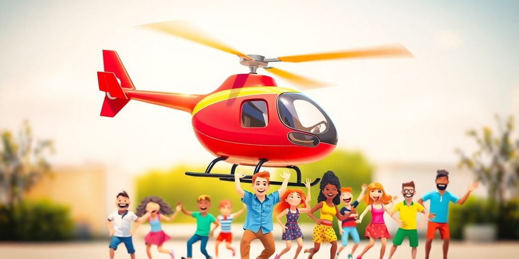Cartoon helicopter spinning with dancing figures.