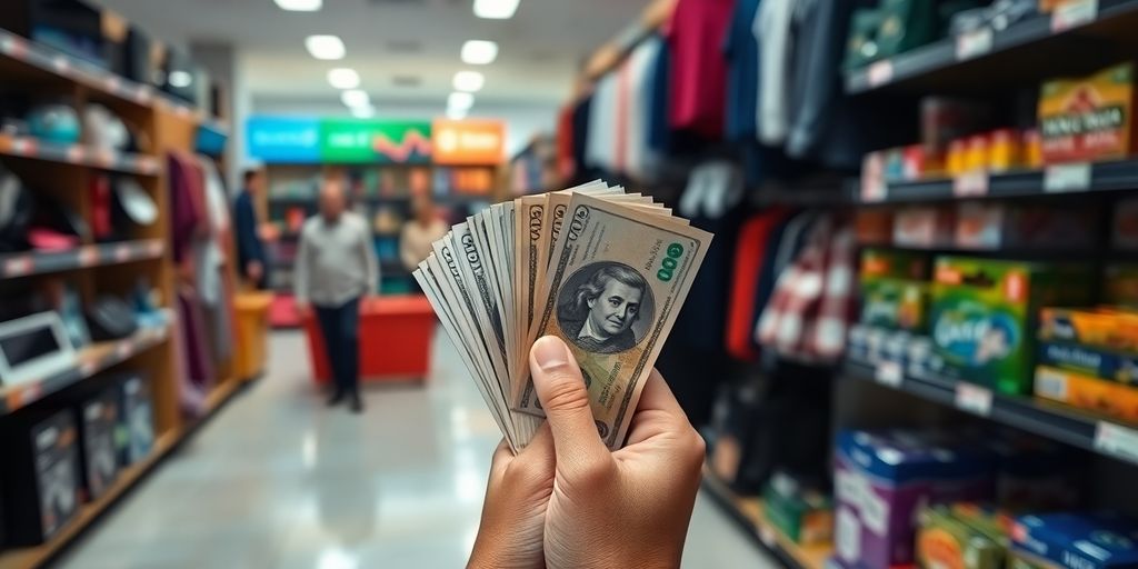 Person holding money with products in background.
