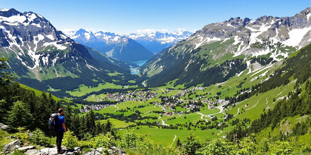 Mountain landscape with cannabis plants and a hiker. Weed in Zermatt