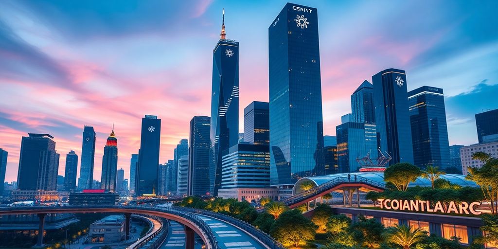 Futuristic city skyline with smart technology and greenery.