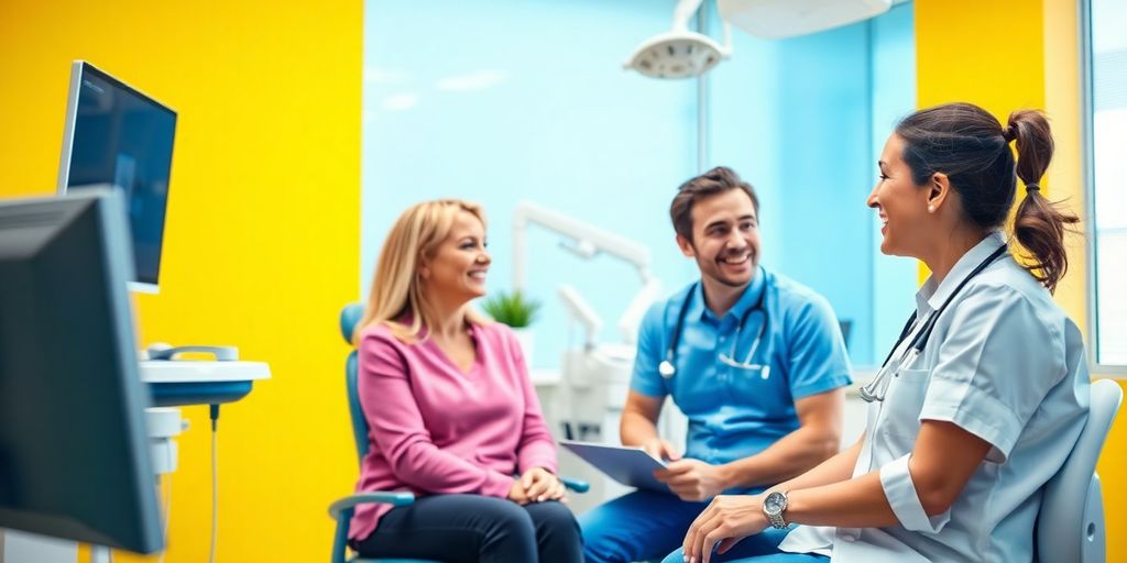 Profissional de saúde interagindo com paciente em clínica.