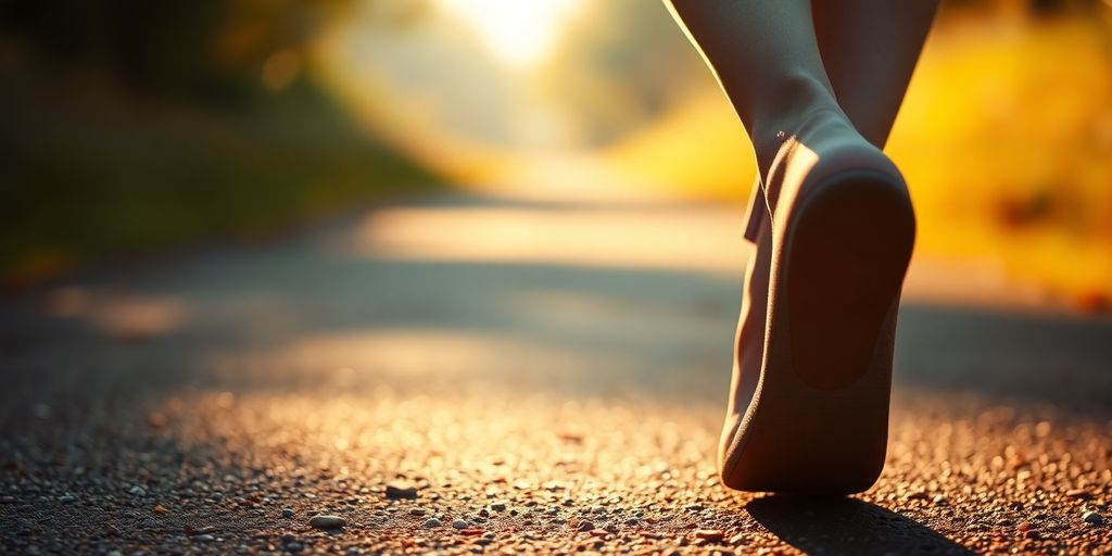 Person walking up a sunlit path.