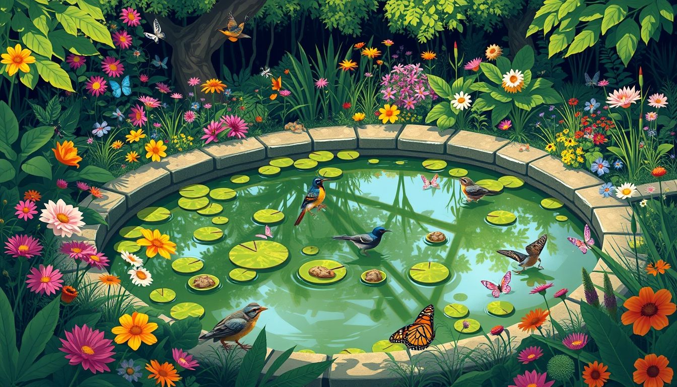 Illustrative garden pond with lush greenery and wildlife.