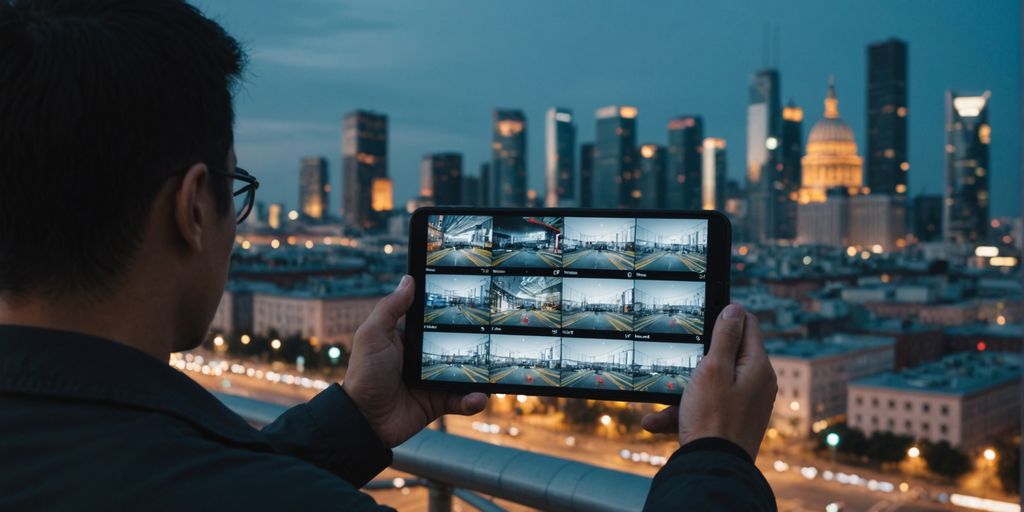 Smartphone showing CCTV feeds with cityscape
