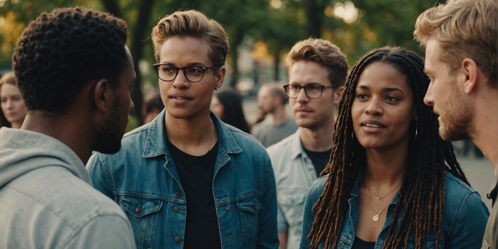 Group of friends discussing polyamorous relationships openly.