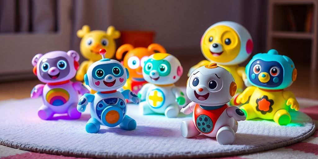 Colorful interactive AI toys for toddlers on a play mat.