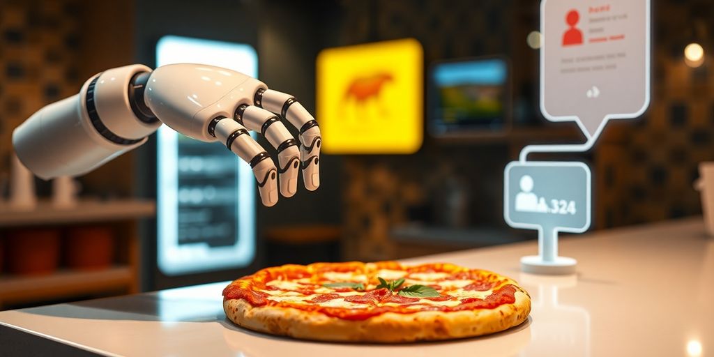 Domino's pizza bot interacting with pepperoni pizza.