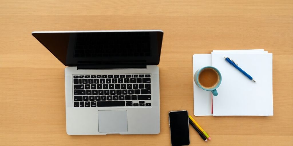 Open laptop, paper, pens, coffee on desk