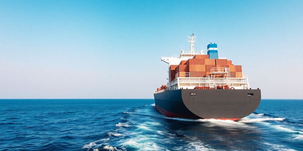 Dry bulk carrier ship on calm blue waters.