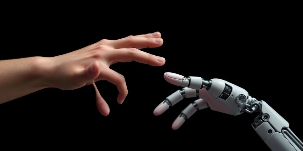 Human and robotic hands reaching towards each other.