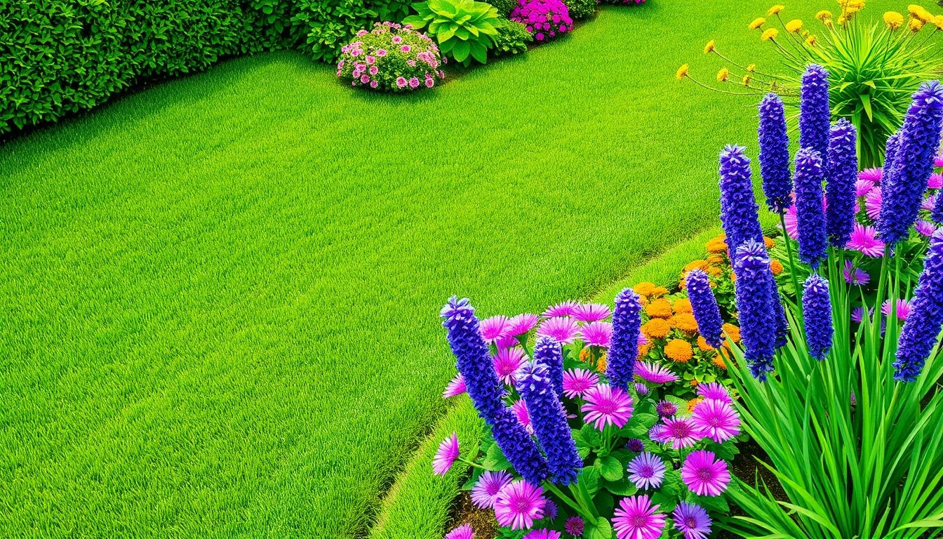 Lush green lawn with vibrant flower beds.