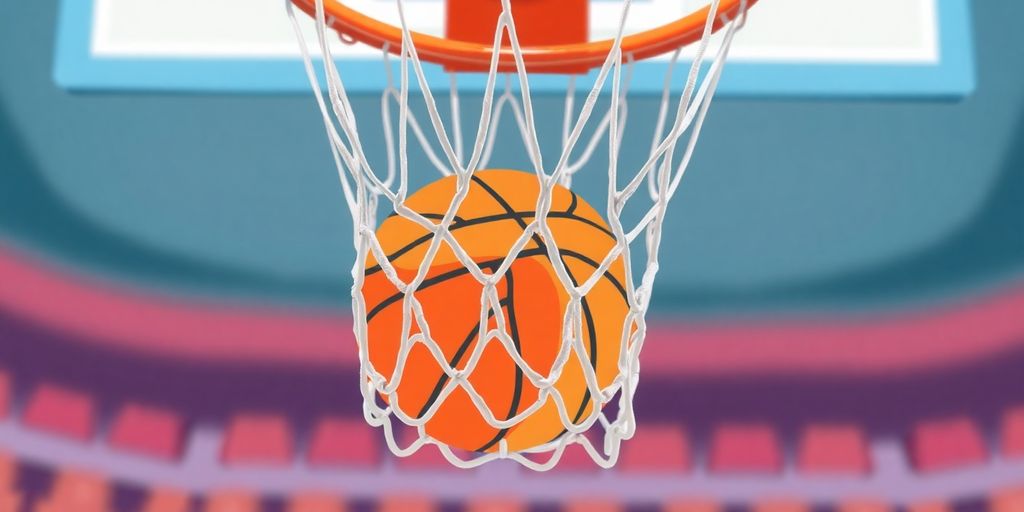 Basketball hitting net in a game