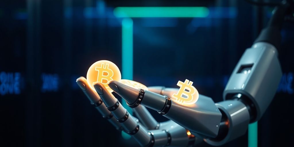 Robotic hand interacts with glowing cryptocurrency symbols