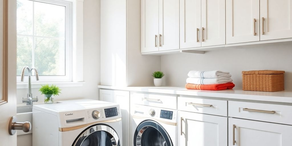 Bright, organized laundry room with modern appliances.