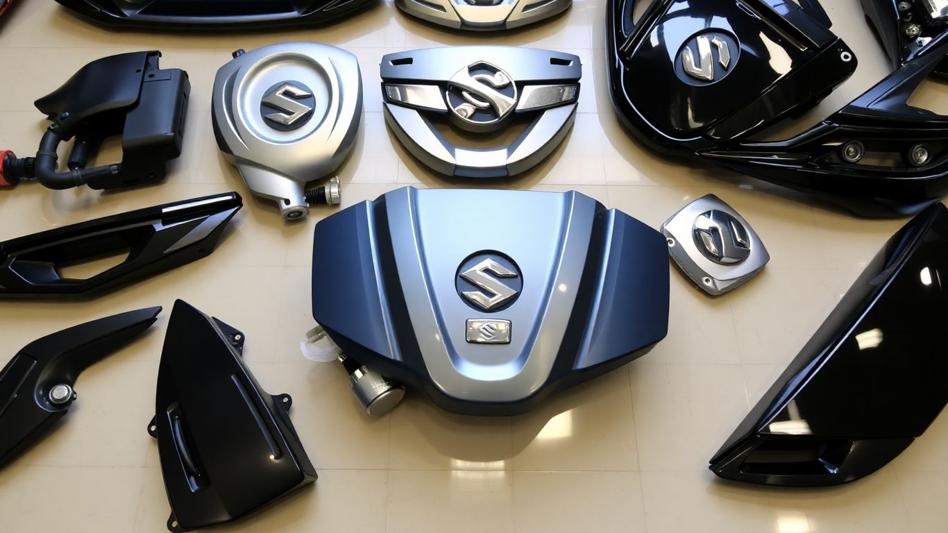 Shiny Suzuki car parts arranged for online purchase.