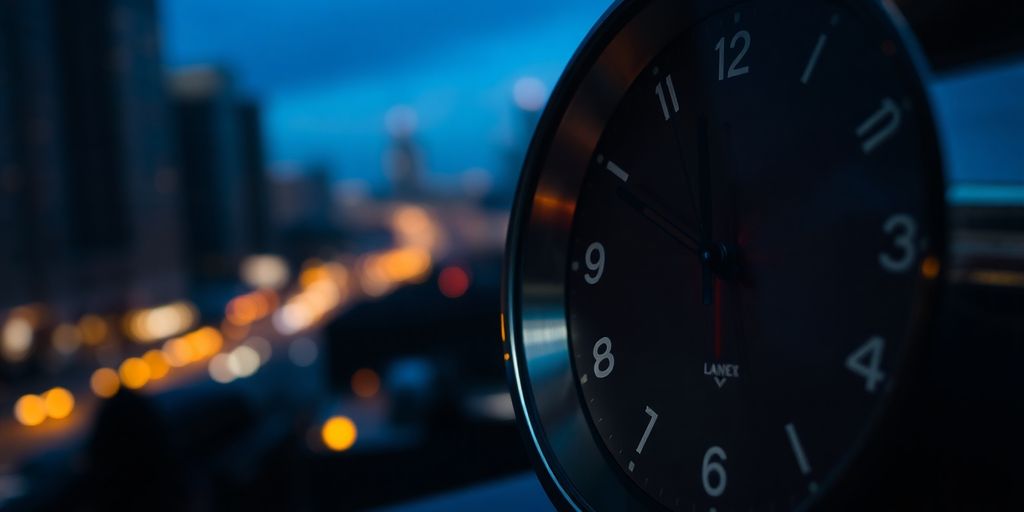 Clock with city lights in background.