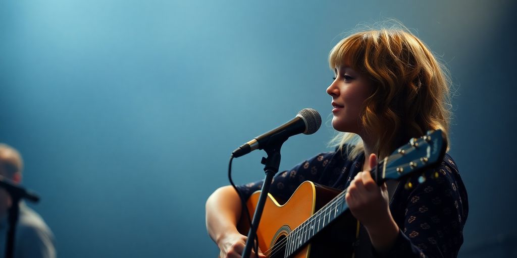 Johnny Flynn and Laura Marling performing with instruments.