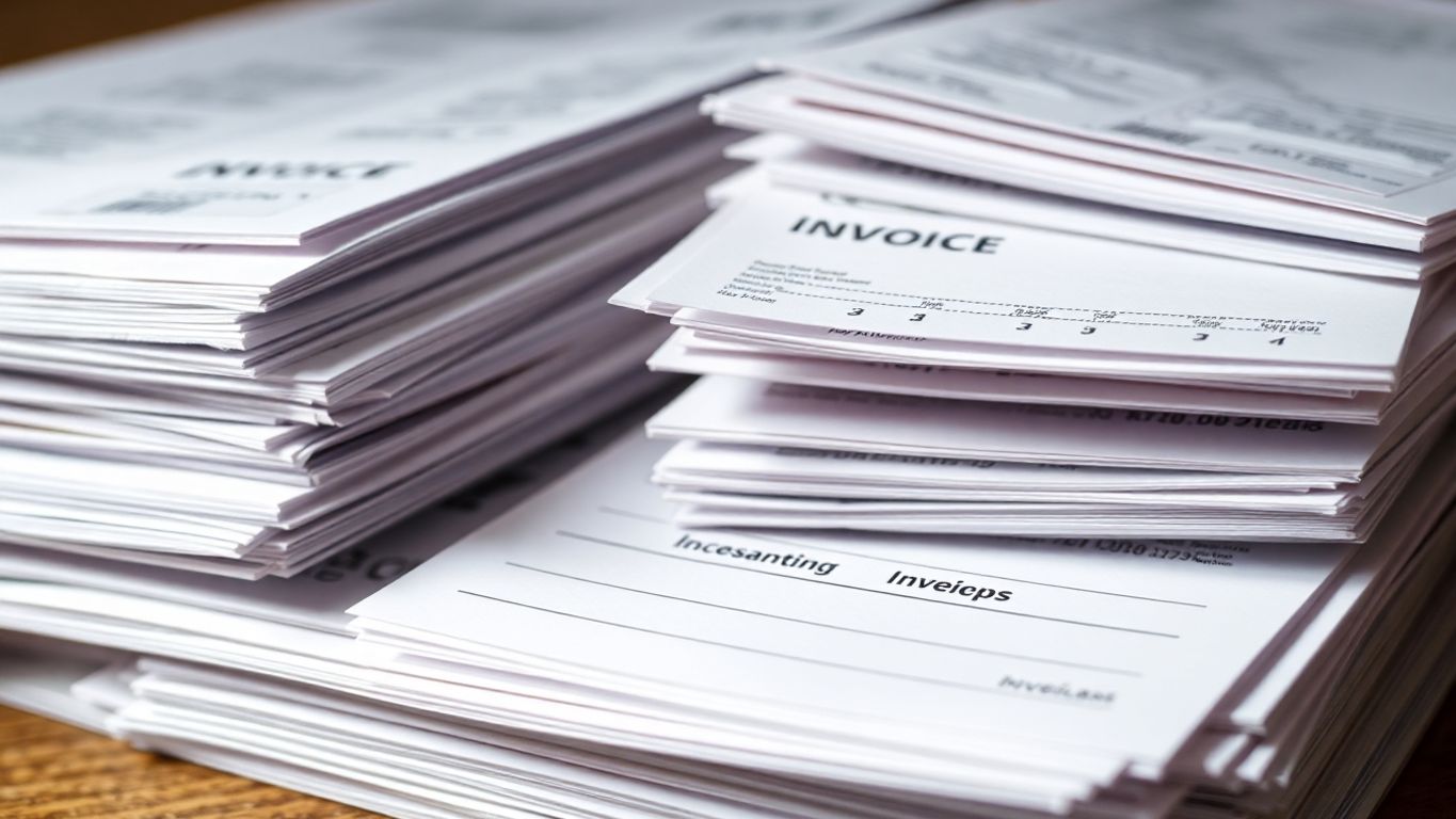 Pilha de faturas e recibos em close-up.