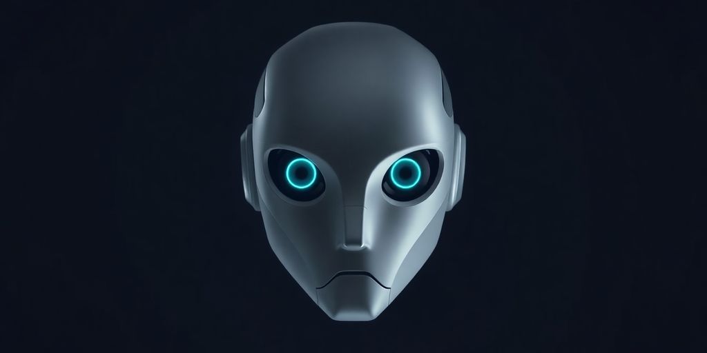 Minimalist robot head with glowing eyes.