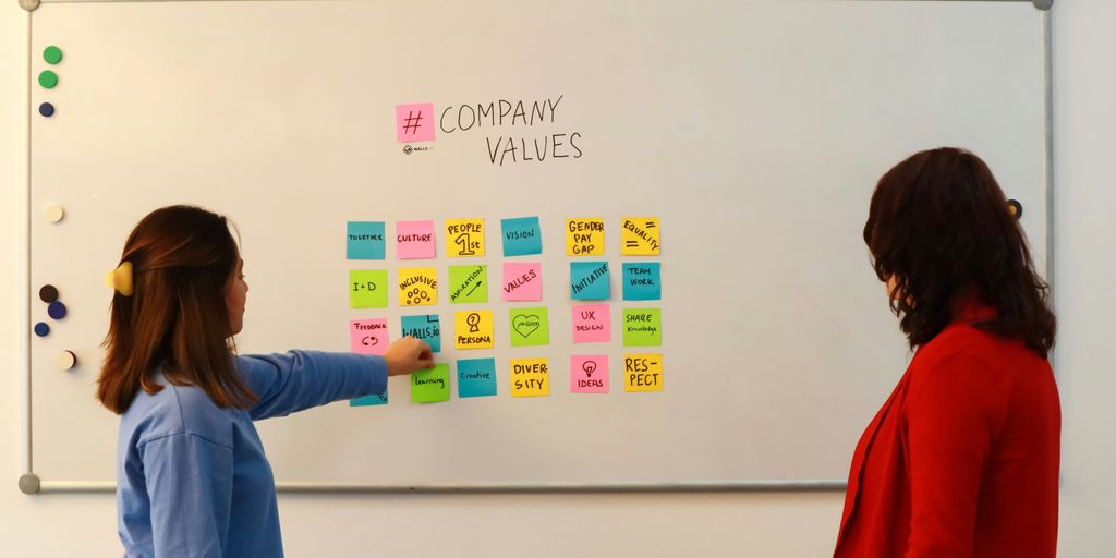 two women standing in front of a white board with sticky notes on it