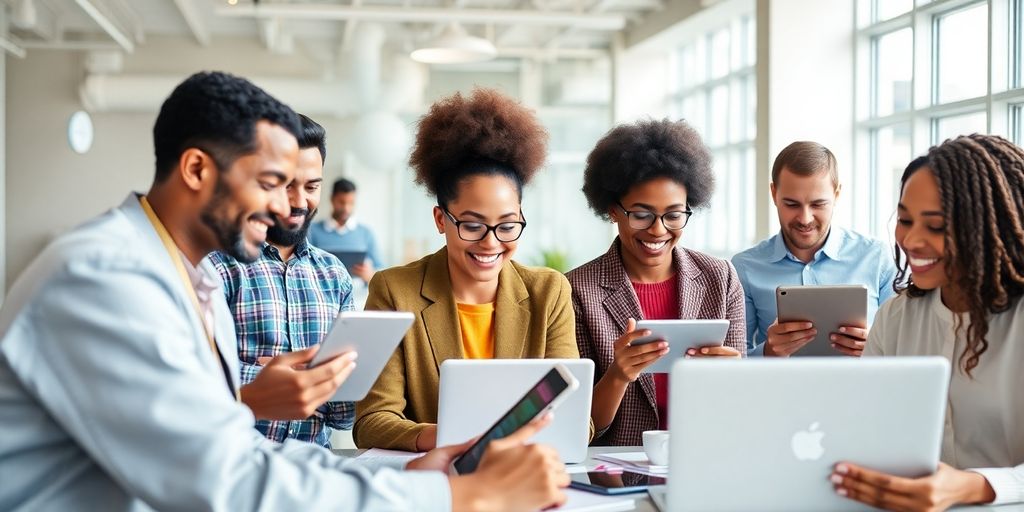 Diverse users interacting with accessible digital devices.