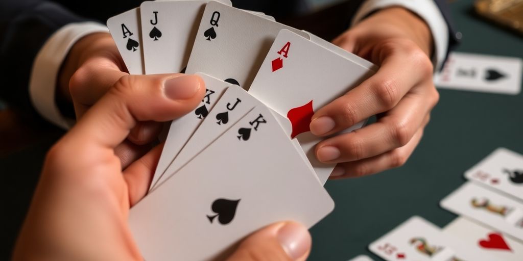 Blackjack player considering cards, a decision point.