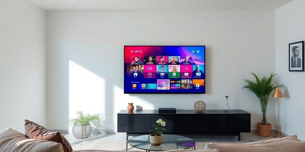 Camera modernă cu televizor și conținut IPTV.