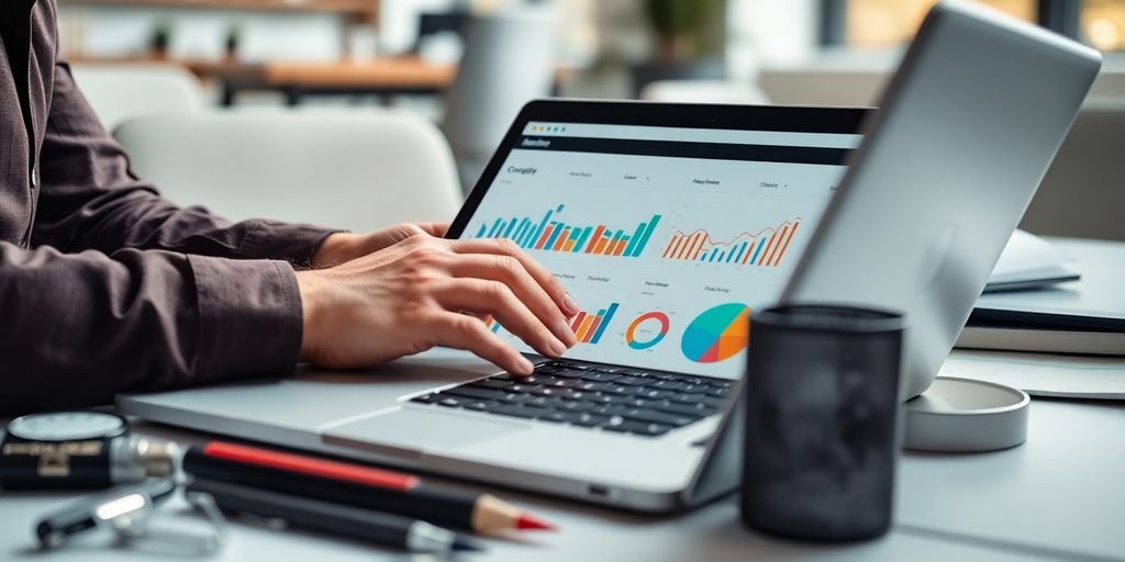 Person analyzing data on a laptop in an office.