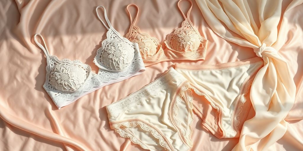 Close-up of elegant lace lingerie sets on soft silk fabric.