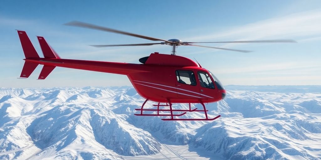 A red helicopter flying over vast Alaskan glaciers and mountains.