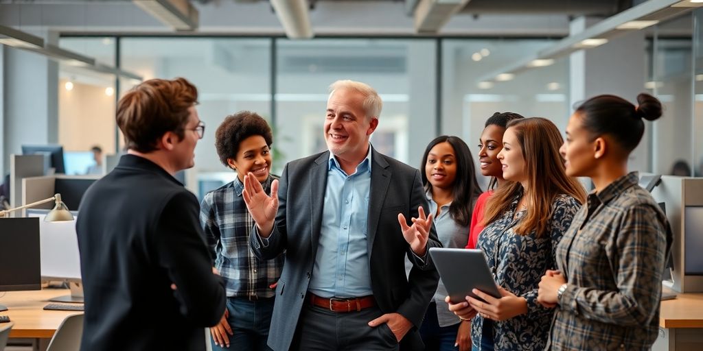 Leader engaging with a diverse team in a modern office.