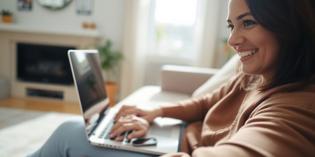 Person happily working on a laptop from cozy home.
