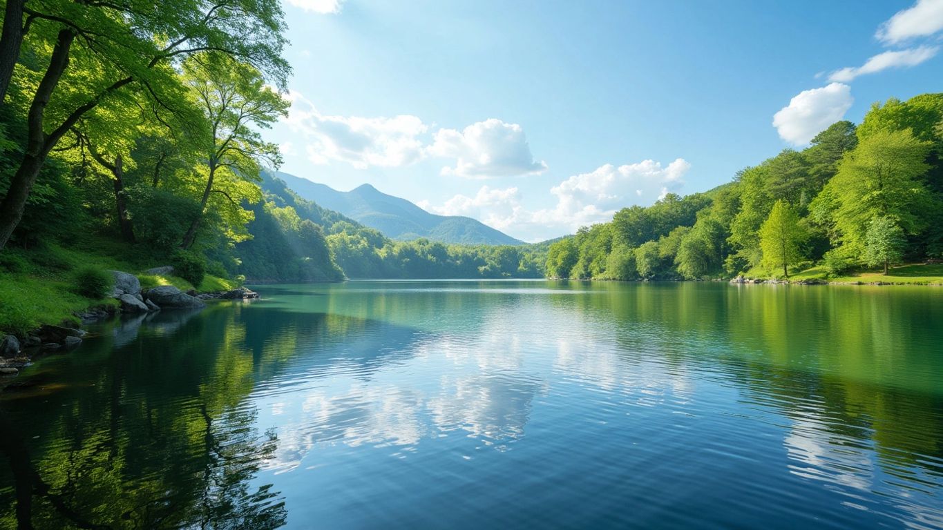 Calm lake with lush green trees